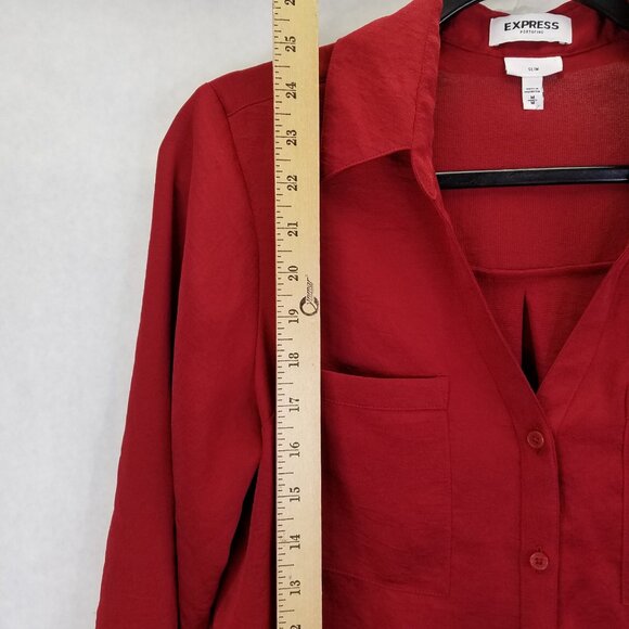 Express Portofino Button Up Camp Shirt Women's M Sleeve Slim Fit Red Pockets - Picture 10 of 12